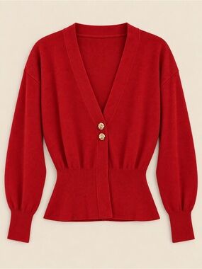 Red Deep V-Neck Gold Button Cardigan Sweater Size Large